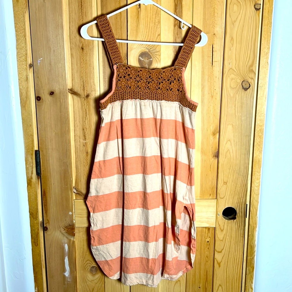 We The Free Striped Crochet Yoke Mini Dress in Peach & Cream